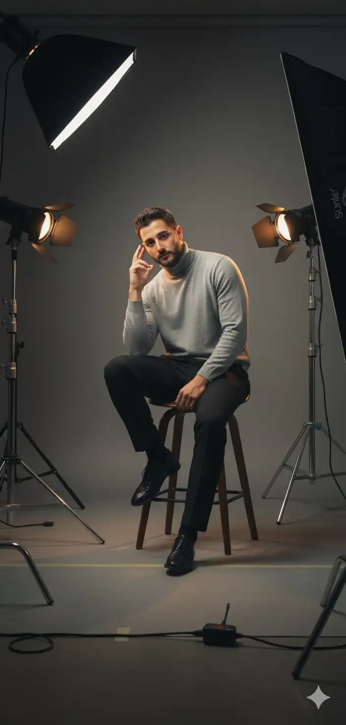 A cinematic 4K studio portrait. He sits casually on a stool in a professional photography studio, surrounded by softbox and spotlight equipment. He wears grey turtleneck sweater and black pants, in a relaxed and confident pose, with one hand touching his face and the other resting on his leg.
The background is minimalistic grey, enhanced by dramatic studio lighting that creates soft shadows and a stylish atmosphere. Ultra-detailed portrait, 4K resolution, professional editorial photography style.