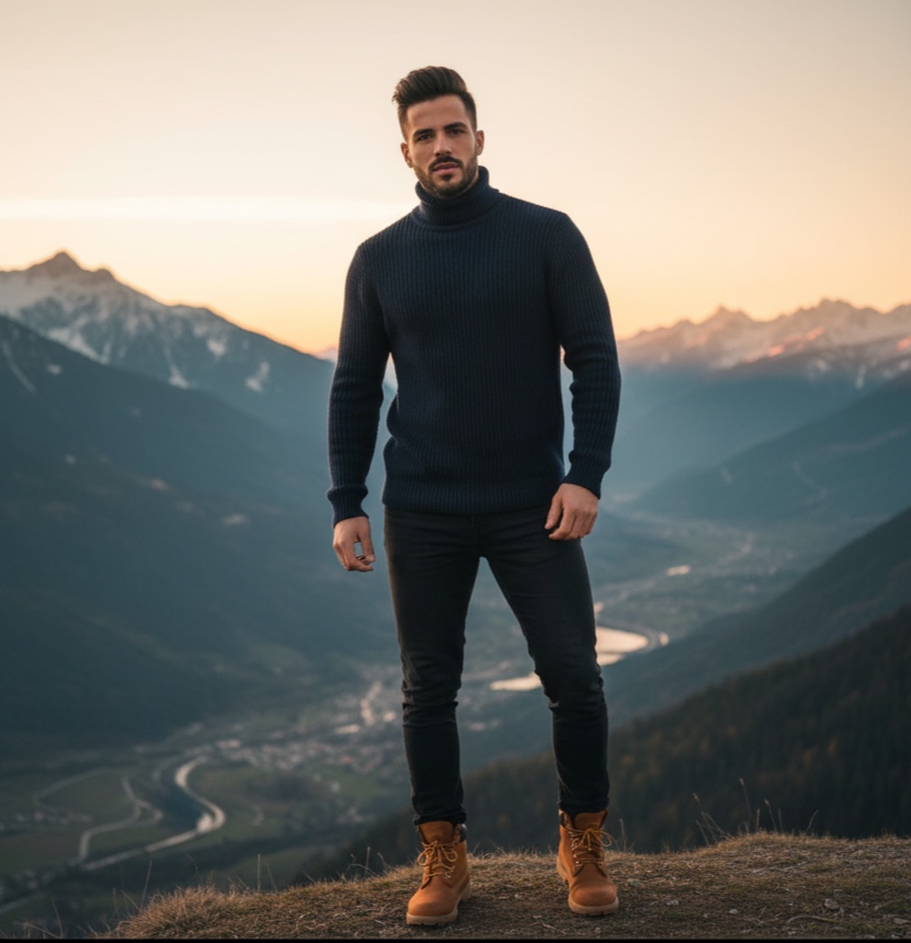 Si Cabello: Peinado hacia arriba con volumen, prolijo.
Barba: Corta, bien cuidada.
Ropa: Suéter de lana azul marino de cuello alto, pantalón slim oscuro, botas marrones tipo Timberland.
Estilo: Casual de montaña / gentleman rústico.
Lugar: Paisaje montañoso con valle al fondo.