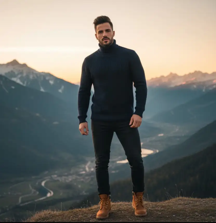 Si Cabello: Peinado hacia arriba con volumen, prolijo.

Barba: Corta, bien cuidada.

Ropa: Suéter de lana azul marino de cuello alto, pantalón slim oscuro, botas marrones tipo Timberland.

Estilo: Casual de montaña / gentleman rústico.

Lugar: Paisaje montañoso con valle al fondo.