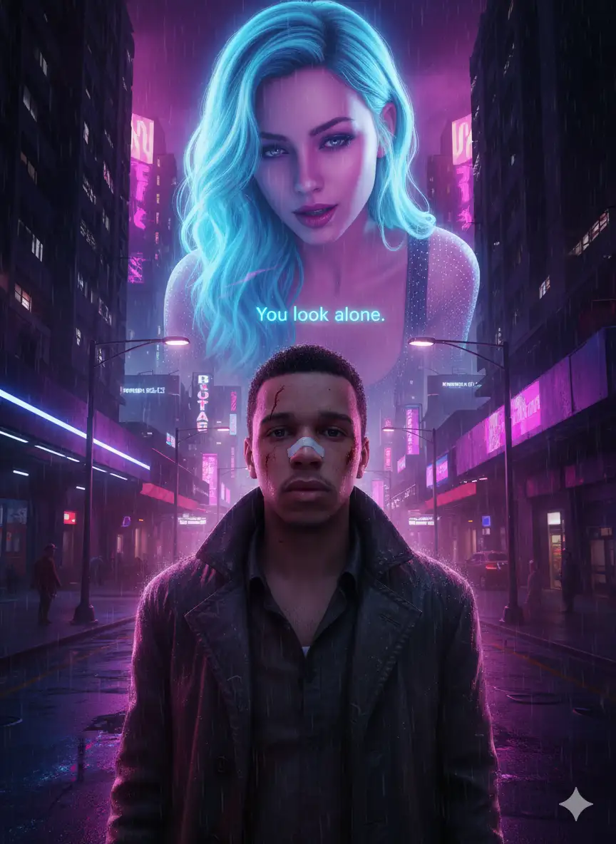 Recreate the same cinematic scene inspired by Blade Runner 2049, with the same atmosphere and composition. A futuristic, dark, and rainy environment, illuminated by purple, pink, and blue neon lights that create an intense contrast. In the background, a giant holographic projection of a woman with neon-blue hair, smooth skin, and a flirtatious expression, leaning forward as she looks at the main character and says, "You look alone." The main character, who was once an adult man, is now a 22-year-old teenager with the Original Face, but maintains the same clothing: a long dark coat, a shirt, and a face with wounds and a white bandage over his nose. His expression should reflect sadness, exhaustion, and loneliness as he observes the hologram with the same cinematic composition. The colors of the scene should be preserved: violet, magenta, and blue neon lights bathing his face, with wet reflections in the metallic, rainy environment. The atmosphere should feel melancholic, futuristic, and emotional, with a strong contrast between the warmth of the hologram and the coldness of the industrial environment. Cinema-style camera, realistic cyberpunk noir lighting, soft depth of field, photorealistic texture, high-quality 8K, focusing on the details of light reflecting off skin and falling rain.
