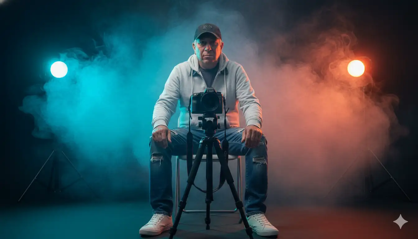 petrato cinematográfico ultra realista de [inserir a pessoa da foto] sentado de frente para a câmera, em um estúdio com iluminação dramática e atmosfera densa de fumaça colorida.
A pessoa está sentada em uma cadeira, com as mãos apoiadas sobre os joelhos e uma câmera profissional montada em um tripé posicionada à frente, centralizada no enquadramento, criando uma composição simétrica e poderosa.
O ângulo da câmera é frontal, levemente baixo (low angle), capturando o corpo da pessoa até os pés e destacando a presença dominante no centro da cena.
O enquadramento é vertical (portrait), mostrando o cenário de estúdio com duas luzes principais ao fundo — uma com luz azul ciano intensa à esquerda e outra com luz laranja avermelhada à direita — criando um contraste cinematográfico quente e frio.
O ambiente é envolto em névoa e fumaça difusa, com textura suave e volumétrica que reflete as luzes coloridas, dando um ar misterioso e artístico.
A pessoa veste moletom de cor clara (como branco ou cinza) e calça jeans rasgada, com tênis casuais.
O cabelo segue o estilo da pessoa inserida (mantendo comprimento, textura e penteado originais), e pode usar boné ou acessório similar, caso combine com o estilo.
A expressão facial é séria, confiante e focada, transmitindo a sensação de intensidade criativa e domínio técnico, como um artista por trás das câmeras.
O foco da lente está no rosto e na câmera em primeiro plano, com profundidade de campo suave (bokeh) desfocando levemente o fundo e as luzes.
Estilo fotográfico cinematográfico e moderno, com contraste alto, luzes coloridas complementares (teal & orange) e tons saturados.
Renderização em qualidade 8K, iluminação profissional de estúdio, detalhes nítidos de textura na roupa, pele e fumaça.