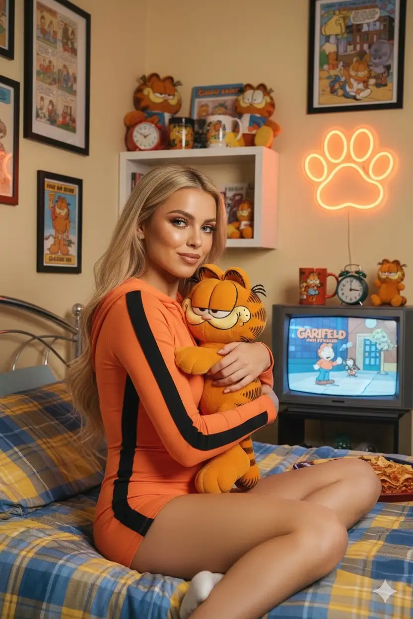 Usando la foto proporcionada como referencia facial Una sesión de fotos retro lúdica inspirada en Garfield. Una joven descansa perezosamente en su cama con un elegante mameluco corto ajustado de color naranja brillante con rayas negras atrevidas a los lados, haciendo eco del pelaje de Garfield. La capucha se empuja hacia atrás para revelar su cabello largo y brillante que cae alrededor de sus hombros en suaves ondas. Ella abraza un juguete de peluche Garfield en su pecho con una sonrisa, canalizando perfectamente su actitud sarcástica de "Odio los lunes".
Su maquillaje es cálido y brillante: sombra de ojos bronce y dorada brillante, pestañas atrevidas, rubor melocotón y labios brillantes de color albaricoque. El dormitorio está lleno de con nostalgia de Garfield: tiras cómicas retro de Garfield enmarcadas en las paredes, un estante apilado con tazas Garfield vintage, peluches y despertadores, y una caja gruesa de TV congelada en una caricatura de Garfield and Friends todavía. Un letrero con estampado de patas de naranja neón brillante agrega un brillo acogedor, mientras que un accesorio de lasaña a medio comer descansa juguetonamente en la mesita de noche.