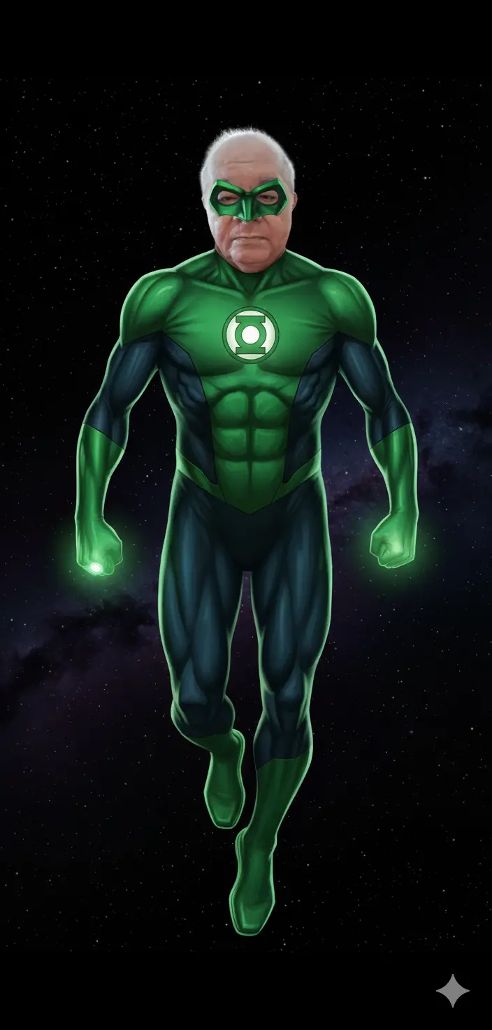 La imagen muestra a un hombre (usa la fotografía adjunta para referencia en la generación del rostro) vestido con un traje de Green Lantern. El traje es de un verde vibrante con detalles más oscuros que sugieren musculatura y texturas intrincadas, como venas o líneas energéticas. En el centro del pecho, hay un emblema brillante de color verde y blanco, que es el símbolo característico de Green Lantern.
El hombre tiene una máscara verde que cubre sus ojos y la parte superior de su nariz. Sus ojos son café oscuro y tiene una expresión seria y determinada. En su mano derecha, lleva un anillo que emite un resplandor verde brillante, la fuente de sus poderes. Su cabello es escaso, canoso y corto (tal como se ve en la fotografía), y su físico no es muy atlético.
Al hombre se lo ve como flotando lo que indicaría en el espacio exterior, en La toma se ve su cuerpo entero.
El fondo de la imagen es completamente negro, lo que hace que el personaje y su traje verde resalten aún más, creando un fuerte contraste y enfocando toda la atención en él. La iluminación proviene principalmente del anillo y del emblema en su pecho, creando un efecto de brillo y poder.
Crea la imagen manteniendo completamente íntegros todos los rasgos físicos y corporales del rostro de la foto adjunta.