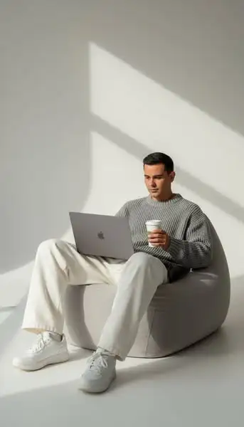 Usando la imagen subida, mantenga sin cambios el rostro real, el peinado y el tono de piel reales. Fotografía de moda de un elegante modelo masculino sentado casualmente en una suave silla de bolsas de texturas, trabajando en un MacBook Pro 2025. Lleva pantalones de piernas anchas de gran tamaño blancos, un suéter gris de gran tamaño texturizado y zapatillas blancas gruesas limpias. Sostiene una taza de café para llevar en una mano y el portátil descansa naturalmente en su regazo. Fondo: pared neutral lisa con suaves luz solar natural fundiendo sombras diagonal. Iluminación: tonos neutros brillantes, minimalistas, editoriales silenciados con una estética moderna de marketing. Ángulo de la cámara: toma a nivel de ojo directo con ligera perspectiva ascendente. Lente: 50 mm primo, marco editorial en primer plano. Composición minimalista limpia, detalle de alta resolución.