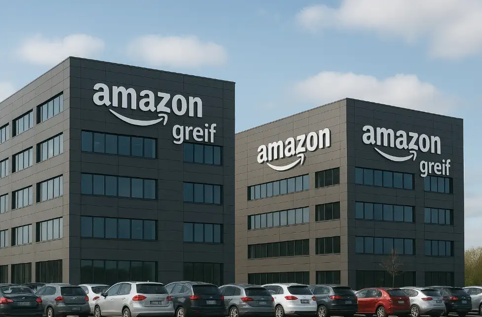 dos edificios con un atardecer de fondo, en los edificios que digan amazon gref y con un estacionamiento al frente