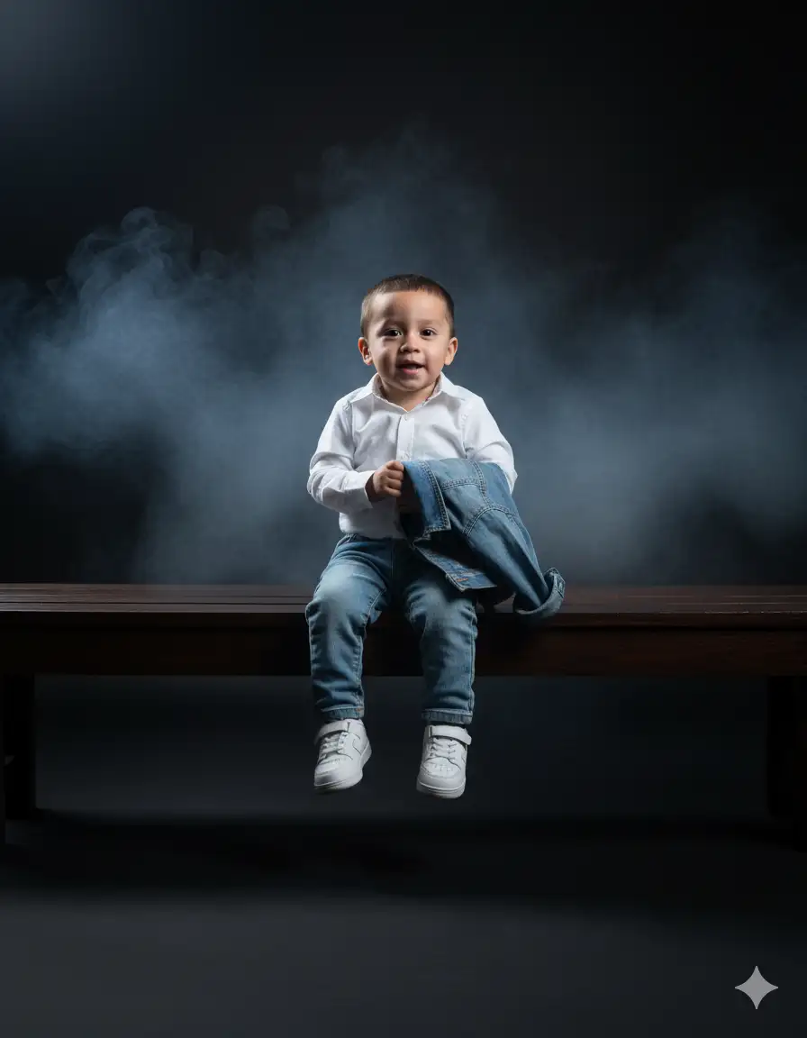 Crea un niño pequeño y elegante de esta foto, con una blusa blanca y un lavado claro, sentado casualmente sobre una tabla de madera, mirando al frente y sosteniendo con el brazo izquierdo una chaqueta vaquera. El fondo es humo y un estudio negro brillante. Sonríe con confianza y posa como en la foto. Lleva zapatos blancos.