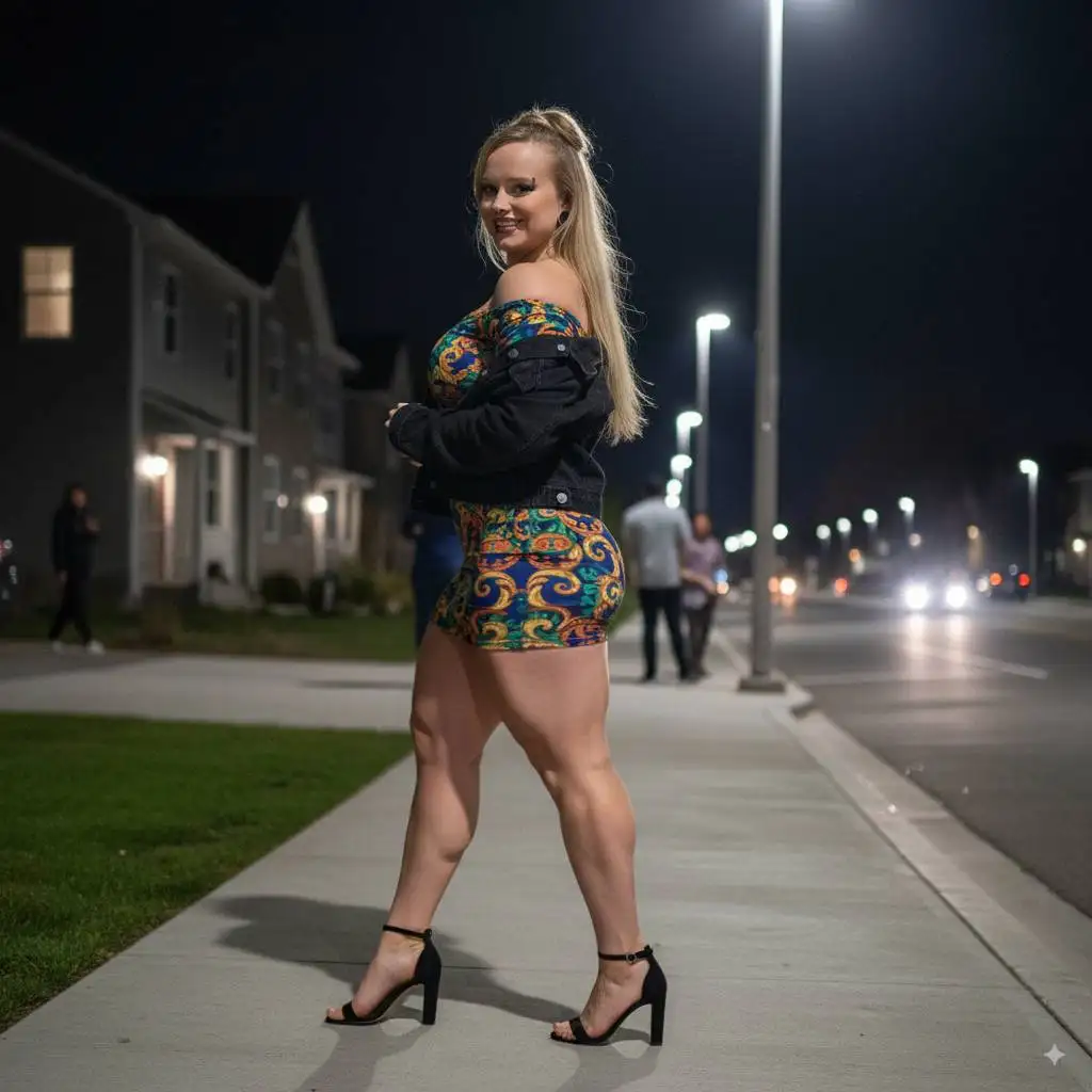Transform this selfie: A thick build woman with long straight blonde hair walks joyfully on a modern city sidewalk at night, wearing a tight, colorful off-shoulder mini dress with a vibrant baroque-inspired pattern, black high-heeled sandals and a denim black jacket. She looks back smiling playfully. She's walking sensually parallel to the pavement to the left of the scene while looking back over her shoulder staring to the pavement. She is taking long strides with her toned,bulked, jacked thighs and legs. Mid long shoot in dutch angle from the side and from behind .The scene is illuminated by bright, artificial white streetlights that create a crisp, evenly lit atmosphere, reducing harsh shadows. The light reflects softly off the concrete pavement, giving a clean and urban nighttime ambience. Background is darker and blurred featuring some street people, two floor neighborhood , also lit by artificial lights that add depth and glow to the scene. The overall mood is vivid, clear, and slightly glamorous, capturing a lively nighttime city vibe without deep contrasts or dramatic shadows. Do not change face