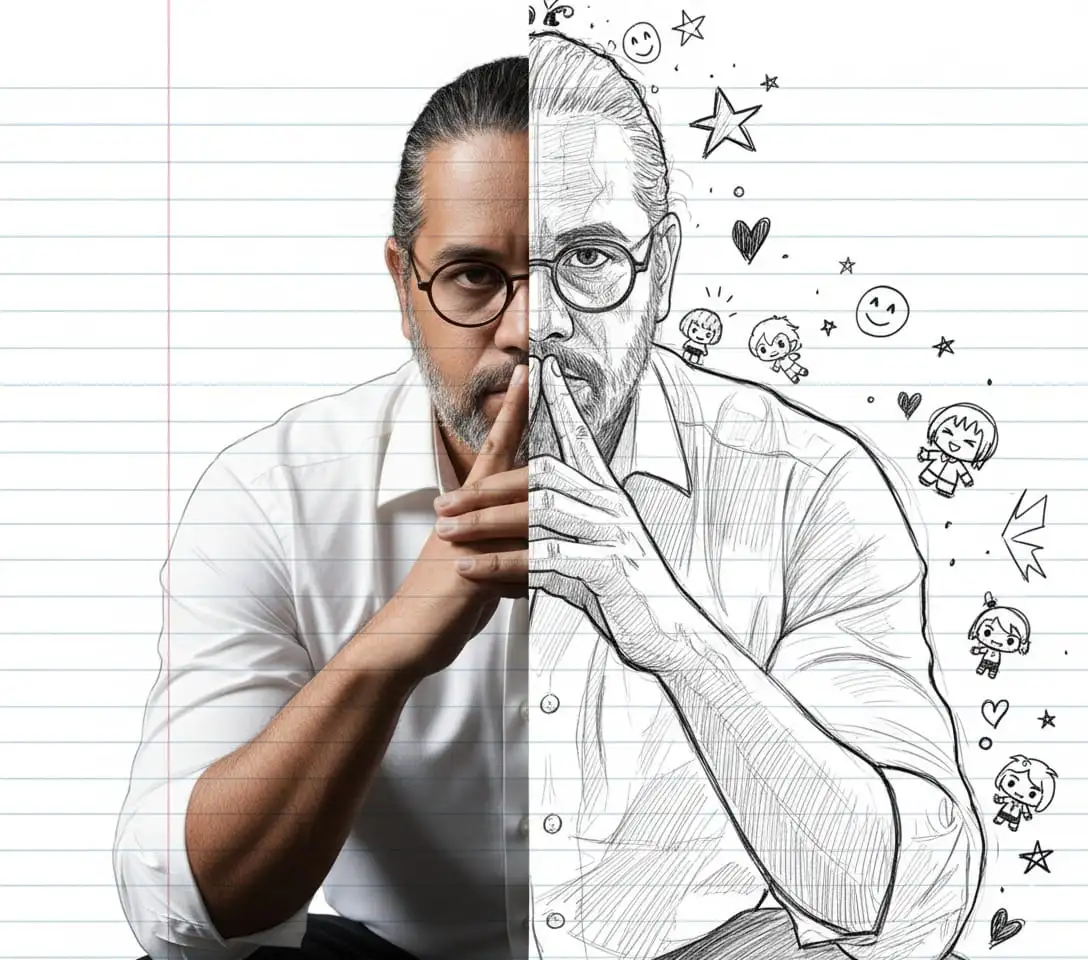 Un joven (la foto del personaje adjunta es 100 % fiel, sin cambios en sus rasgos faciales) sobre un fondo de papel rayado. La imagen está dividida verticalmente: la izquierda es una foto realista, la derecha es un boceto detallado en blanco y negro, estilo manga/cómic. El lado esbozado incluye garabatos como estrellas, corazones, caras sonrientes y pequeñas figuras de dibujos animados.