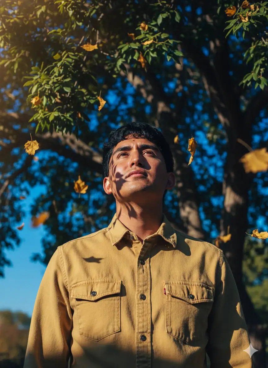 Hyperrealistic photographic portrait, a person standing beneath a tree, gazing upward with a contemplative, dreamlike expression. Their face and clothing are illuminated by dramatic dappled sunlight and shadows cast by the tree's leaves. The lighting is a surreal mix of deep blue ambient fill and warm, golden hour sunlight, creating a high-contrast and emotional scene.
The subject wears a long-sleeved yellow denim button-up shirt, fully buttoned with no other garment underneath. The fabric shows clear interplay of light and shadow with blue shadows and golden highlights across the folds and seams. The tree's branches and leaves frame the subject's face, casting intricate, sharp shadow patterns. All natural skin details are preserved: pores, fine lines, and skin texture.
The background is a vivid blue sky with scattered golden leaves, some captured frozen mid-air as if in a moment of stillness. The entire image has a poetic, cinematic quality.
cinematic still, magical realism, shot on a 50mm f/1.4 lens, wide aperture, shallow depth of field, professional color grading, photorealistic, hyper-detailed, sharp focus on the subject, volumetric lighting, dappled light --v 6.0 --ar 3:4 --style raw