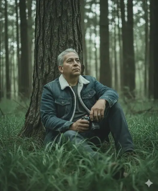 Retrato cinematográfico ultrarrealista de un hombre [foto adjunta], vestido con una chaqueta de mezclilla con borrega, sentado en el suelo en un tranquilo bosque, apoyado en el tronco de un árbol alto. Las piernas se flexionan naturalmente, con un brazo apoyado en las rodillas mientras sostiene una cámara con la mano. La cabeza está ligeramente inclinada hacia arriba, con la mirada pensativa hacia lo lejos. La fotografía se realizó desde un ángulo bajo, capturando el cuerpo entero y la postura natural, con la hierba alta y verde en primer plano. Color verde cinematográfico melancólico. 9:16