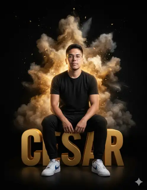 Un retrato cinematográfico de un joven de 30 años corpo definido, use 100% do rosto a cima da foto carregada, Seu rosto debe ser exactamente como na selfie original - sin edición, retoque o suavización. Preserva todas las características faciales, textura de la piel y expresión, (usando mi carga de fotos) sentado casualmente en grandes 30 letras doradas soletrando "CESAR" Ele usa una camiseta preta lisa, jagger y tenis blancos. Atrás dele, nuvens dramáticos de fumaça dourada, preta e branca irrompem contra um pano de fundo escuro. Una cena hiperrealista, ultra detallada y de calidad 8K, con iluminación dramática cinematográfica, reflejos suaves en el cielo y una atmósfera envolvente y poderosa. moderno y elegante.