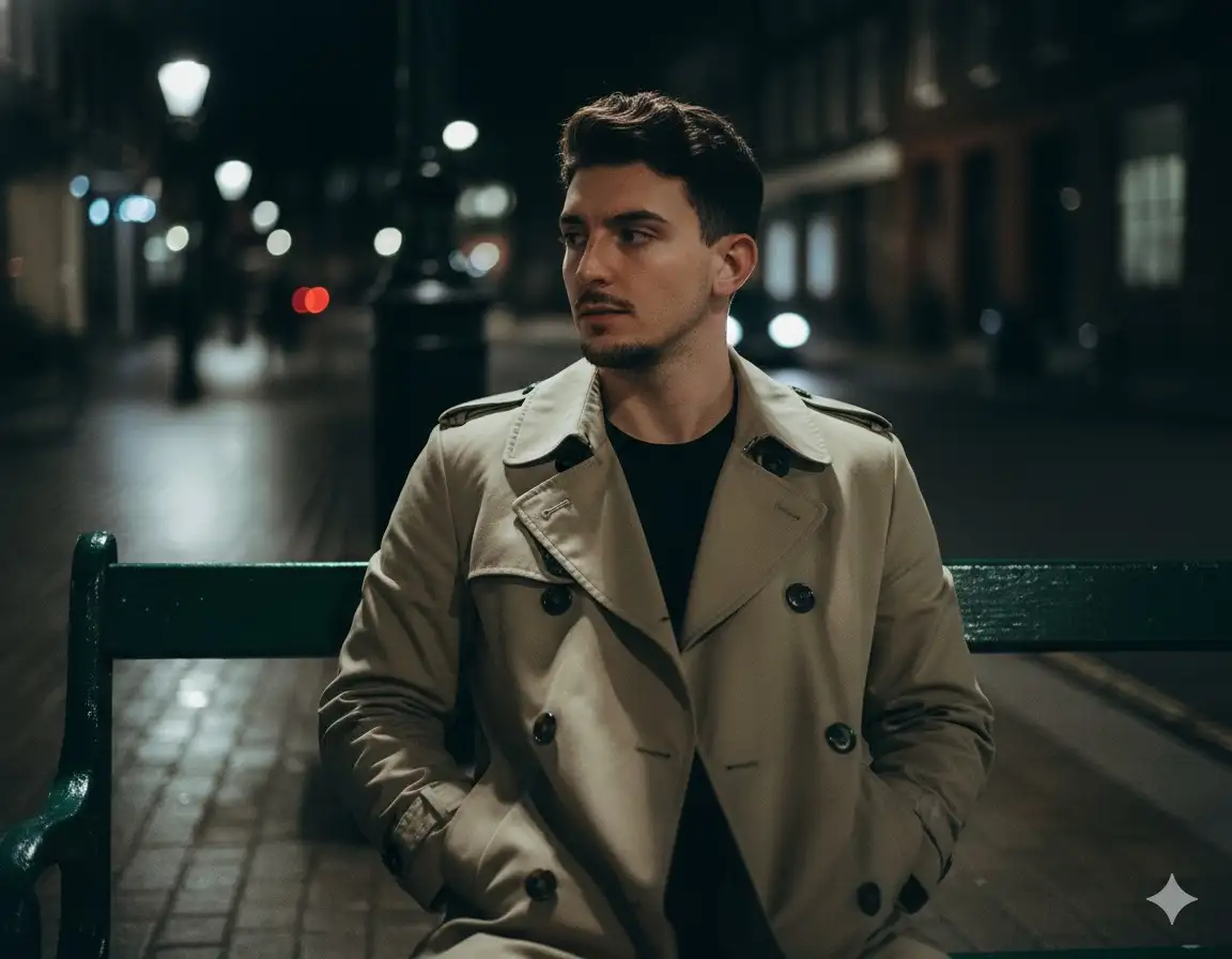 A candid street photography photograph of a person in a quiet city (London) at night, captured spontaneously. Using the reference image as a STRICT AND NON-NEGOTIABLE source, preserve the EXACT likeness, facial structure, body proportions, and natural hair of the person.
The person is sitting on a cold, green painted metal park bench, resting their back against it. They are gazing into the middle distance, lost in the quiet of the night. They wear a beige trench coat over a simple black t-shirt, with their hands tucked in the coat's pockets. The composition is a tight medium shot, focusing on their face and upper body.
The scene is illuminated by the neutral white glow of a nearby vintage streetlamp, casting soft light and deep shadows. The wet pavement creates subtle light reflections. The background is softly blurred.
street photography, night scene, 35mm film, candid moment, natural skin texture, skin pores, subtle film grain, photorealistic, shot on Leica M6, available light, minor imperfections --ar 2:3