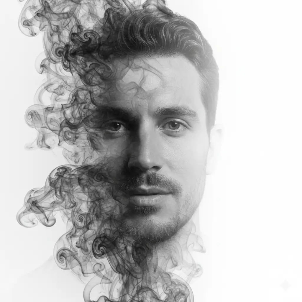 A close-up, black and white portrait of a person (use the uploaded picture as reference for the face) with serious eyes and a neutral expression. Their face is partially obscured and blended with tendrils of dark, wispy smoke that billow around their head and left side of their face, creating a surreal and ethereal effect, the right side of their face merges with the background in degrade. The background is pure white, emphasizing the contrast between the smoke, the person's features, and the clean space. High detail, photorealistic, artistic composite, smoke art, ethereal.