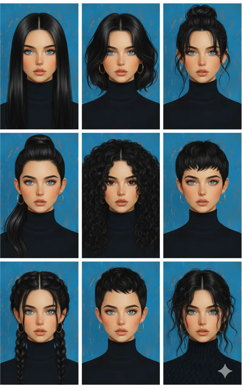 Generate avatars of this person with different hairstyles in a 3x3 grid format