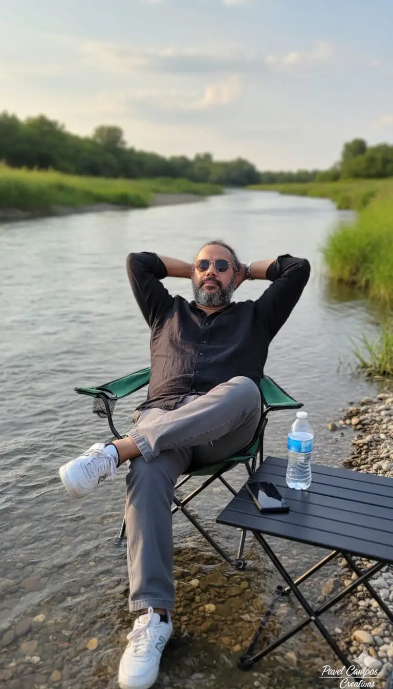 Foto ultrarrealista de un hombre (mismo rostro y peinado que la referencia) con gafas de sol, relajándose en una silla de camping junto a la orilla de un río.
Tiene las manos detrás de la cabeza y las piernas cruzadas. Viste una camisa de lino negra de manga larga, pantalones grises y medias zapatillas New Balance blancas. Lleva un reloj de cadena plateado. Frente a él, una mesa de camping plegable negra contiene agua embotellada.
