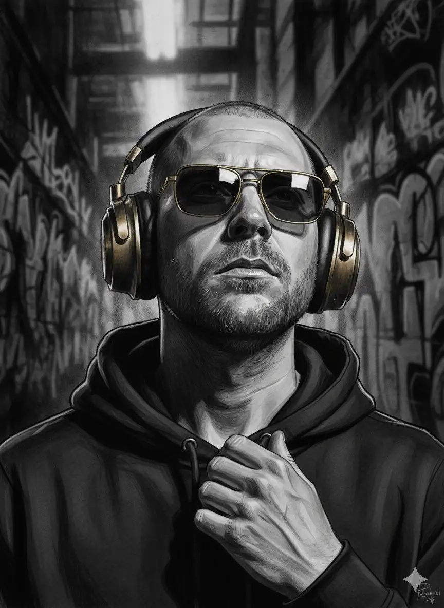 Usando mi foto de referencia cargada: conserve mis rasgos faciales exactos, incluida la forma de mi cabeza y la línea de mi mandíbula, adaptados a un boceto digital en carboncillo con un intenso sombreado de novela gráfica. Me representan en una pose fría, contemplativa y mirando hacia arriba. Llevo una sudadera con capucha oscura, con la capucha bajada pero visible. Mi mano derecha está levantada hacia mi pecho, tocando sutilmente mi cuello o el cordón de mi sudadera. Llevo elegantes gafas de sol rectangulares con montura dorada antigua bruñida y grandes auriculares con detalles dorados alrededor de mis orejas. El estilo de ilustración tiene una calidad rugosa, texturizada y muy detallada, y utiliza sombras profundas y luces nítidas para crear un ambiente artístico dramático y urbano. El fondo es una pared texturizada cubierta de grafitis en blanco y negro, con una fuente de luz urbana abstracta y borrosa que ilumina sutilmente la escena detrás de mí. CRÍTICO: Asegurarme por completo de que se mantengan mi estructura facial, representados en el estilo de ilustración de novela gráfica específico. Los marcos de las gafas de sol y los detalles de los auriculares deben ser de un color dorado antiguo pulido distintivo, destacándose como los únicos acentos de color en la imagen que de otro modo sería en blanco y negro. NO debería haber ningún anillo visible en mi dedo.