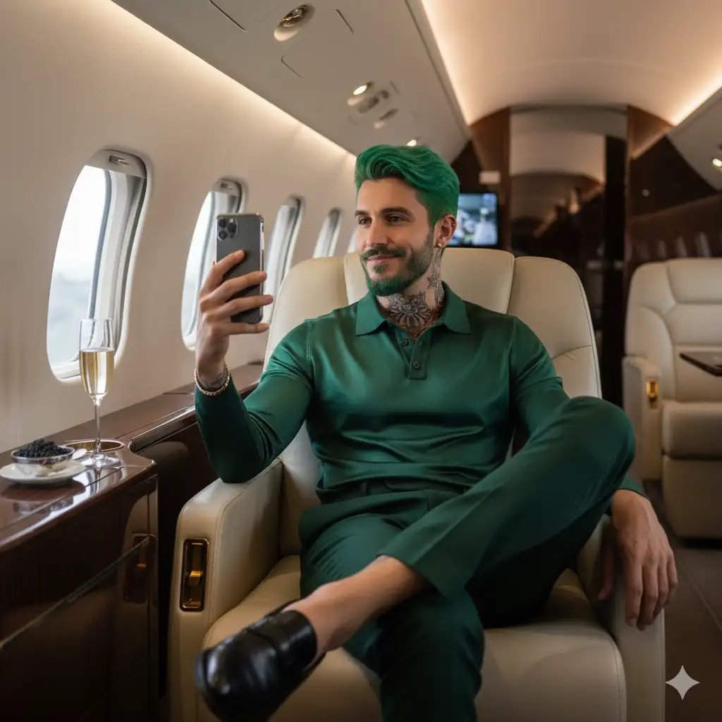 Ultra-realistic 8K RAW luxury portrait of a glamorous person (use the uploaded picture as reference for the face) with youthful glow inside a private jet. Athletic, toned figure with elegant dark-green tones clotes, tucked into fitted slacks. Glossy hair, plump lips in confident smirk. The person is seated in leather recliner, one leg crossed high, smartphone held up in selfie pose. Champagne and caviar rest on polished table, HDR cabin lights glowing warmly across satin fabric and jewelry.