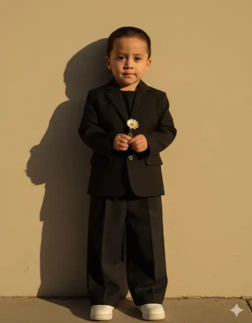 Retrato cinematográfico ultrarrealista de la misma persona de la foto de referencia, rostro y rasgos idénticos, sin cambios de identidad. Está de pie frente a una pared beige lisa con una cálida luz solar dorada que proyecta sombras suaves y dramáticas. Lleva un elegante blazer negro a medida sobre una camisa negra, combinado con pantalones oscuros de pierna ancha con sutiles rayas diplomáticas, estilo moderno de modelo de alta costura. Sostiene suavemente una pequeña margarita blanca en sus manos. Fondo minimalista, iluminación cinematográfica, resolución 8k, tonos vintage, expresión natural. Indicación 2 Retrato cinematográfico ultrarrealista de la misma persona de la foto de referencia, rostro y rasgos idénticos, sin cambios de identidad. Está de pie frente a una pared beige iluminada por el sol con suaves sombras doradas. Lleva una camisa azul pastel holgada combinada con pantalones blancos holgados y relajados, estilo editorial moderno de alta costura. Tiene las manos metidas en los bolsillos, con una pequeña margarita blanca asomando de uno de ellos. Fondo minimalista, luz y sombras cinematográficas, ultrarrealista, resolución 8k, ambiente editorial de moda. Indicación 3 Retrato ultrarrealista de la misma persona de la foto de referencia, rostro y rasgos idénticos, sin cambios en la identidad. Está de pie frente a una pared neutra lisa con una cálida luz del sol que proyecta sombras geométricas. Lleva una camisa blanca holgada y fresca metida ligeramente en unos pantalones marrones holgados y relajados, estilo editorial de alta costura. Sostiene suavemente una pequeña margarita blanca de manera casual. Fondo minimalista, luz cinematográfica. Resolución de 8k, tono de película elegante, expresión natural. Indicación 4 Transforma esta foto en un vibrante retrato retro de estilo Bollywood de los 90. El niño pequeño lleva ropa inspirada en Bollywood de los 90: piensa en una camisa blanca translúcida, pantalones formales y gafas de sol clásicas. Manos en el bolsillo. El estado de ánimo general es romántico y cinematográfico con una luz suave y brillante, grano de película y una paleta de colores vintage ligeramente descolorida. El fondo es una pared lisa de tonos cálidos, iluminada por una fuente de luz cálida desde la derecha, creando una sombra de borde suave y distintiva y cabello en la pared detrás de él. El estado de ánimo general es retro y artístico. Quiero la misma cara que subí, sin alternancia, 100 por ciento.