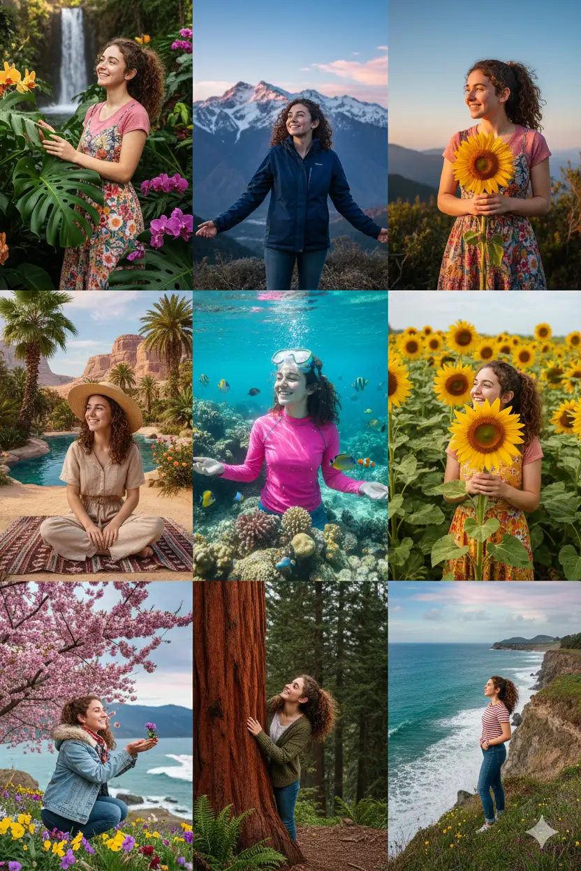 Using the uploaded photo as a reference, generate a set of 9 vibrant half-length portraits featuring natural life. Each portrait should show a different pose and be placed in a unique setting, with rich, colorful details that highlight the diversity of nature.