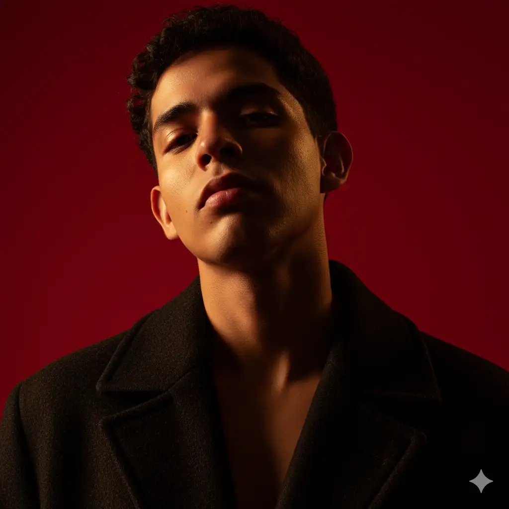 Create a hyperrealistic vertical portrait shot in 1080x1920 format,
characterized by stark cinematic lighting and intense contrast. Captured with a slightly low, upward-facing angle that dramatizes the subject's jawline and neck, the composition evokes quiet dominance and sculptural elegance. The background is a deep, saturated crimson red, creating a bold visual clash with the model's luminous skin and dark wardrobe. Lighting is tightly directional, casting warm golden highlights on one side of the face while plunging the other into velvety shadow, emphasizing bone structure with almost architectural precision.
The subject's expression is unreadable and cool-toned-eyes half-lidded, lips relaxed- suggesting detachment or quiet defiance. The model wears a heavy wool or felt overcoat, its texture richly defined against the skin's smooth, dewy glow. Minimal retouching preserves skin texture and slight imperfections, adding realism. Editorial tension is created through close cropping, tonal control, and the almost oppressive intimacy of the camera's proximity.
There are no props or accessories; the visual impact is created purely through light, shadow, color saturation, and posture - evoking high fashion, contemporary isolation, and hyper-modern masculinity.