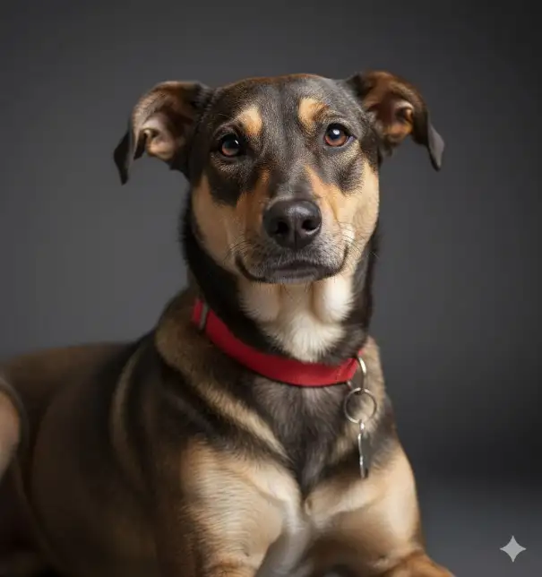 Crea un retrato de estudio hiperrealista de mi perro basándote en la imagen real subida. Usa un fondo gris intenso e iluminación profesional enfocada en la cara del perro, como en una foto de estudio divertida o dinámica. El pelaje debe verse suave y detallado, con reflejos en los ojos y sombras sutiles para añadir profundidad. Mantén un encuadre preciso alrededor de la cabeza y la parte superior del pecho. El ambiente general debe ser alegre, de alto contraste y visualmente impactante. Incluye un suave efecto de foco en la cara y mantén el fondo completamente gris.
