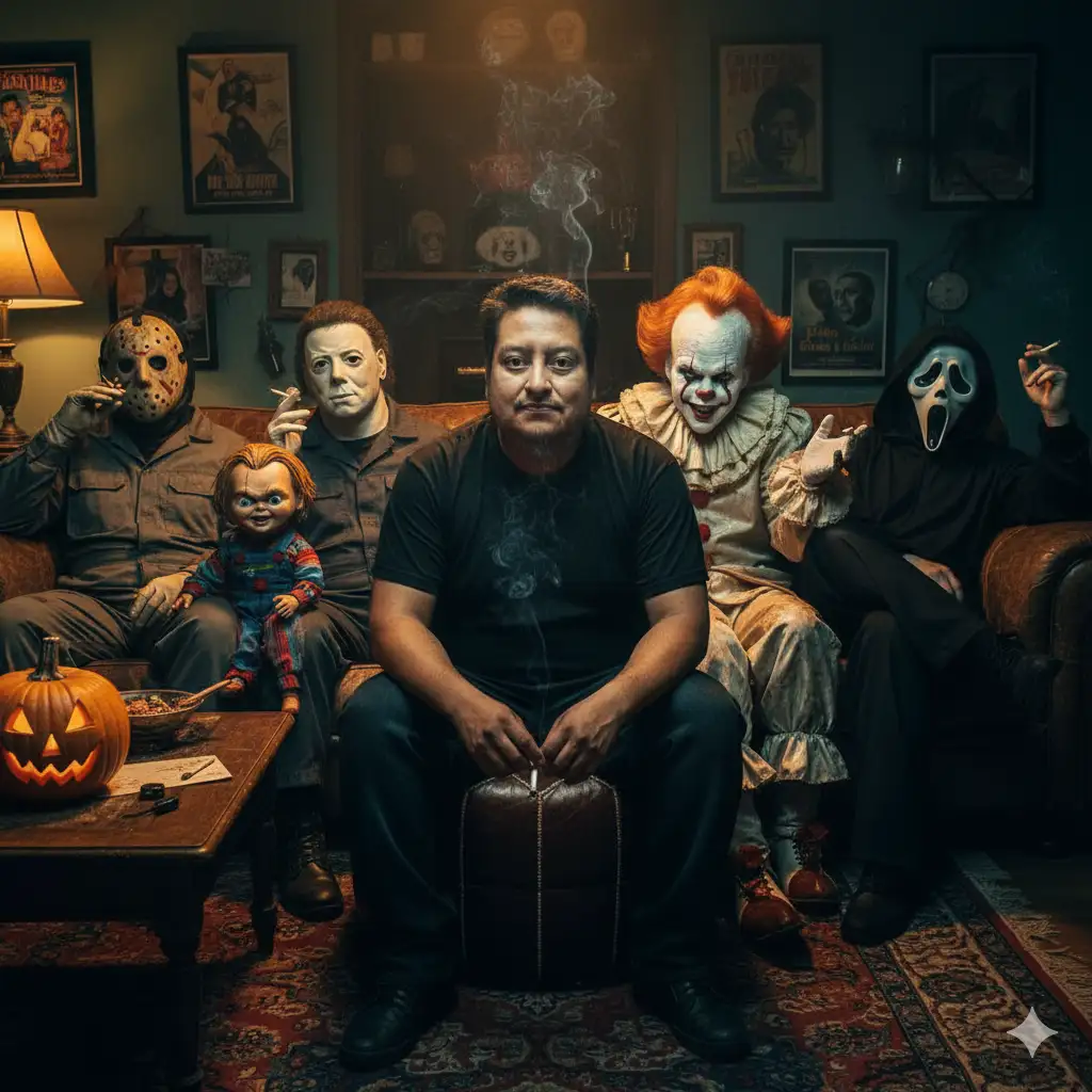 Foto cinematográfica de la persona de la foto adjunta (mantén el mismo rostro y vestimenta) sentada en un puff mientras sostiene un cigarro. A su alrededor están los villanos más famosos de las películas de terror — Jason Voorhees, Michael Myers, Chucky, Pennywise el Payaso y Ghostface — todos sentados en un sofá como si conversaran y fumaran cigarros de manera casual. La escena ocurre en un ambiente interior con una reunión informal. La iluminación es dramática y sombría, con tonos cálidos que iluminan a la persona y sombras inquietantes sobre los villanos. La atmósfera debe sentirse inquietante, relajada y cinematográfica.