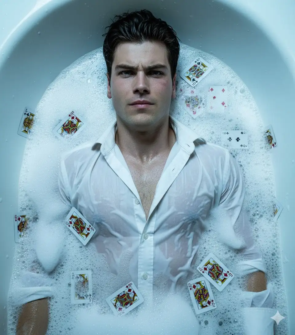Take a realistic wide photograph of a young man like the photo I uploaded does not change his face with disheveled blond hair, a face with an intense expression and a slight twist of the lips how to endure the pain, there is a slight bruise on the cheek, he is lying in a white bathtub full of foam. His body is half submerged, with a wet white shirt that is partially open. The surface of the water is filled with scattered playing cards, some float and others are glued to soap foam.

Cool whitish blue lighting with contrasting tones, dramatic atmosphere full of tension like a modern film noir scene. Photo taken with a professional camera

Sony A7R V, showing real details of the skin texture, foam and card. --ar 9:16 --v 6 --style raw --q 2 --s 1000 --hd

--Photorealistic --wide shot --Sony A7R V --dramatic cinematic lighting --wet fabric texture --detailed foam bubbles --dispersed cards --grumpy atmosphere --noir film vibes