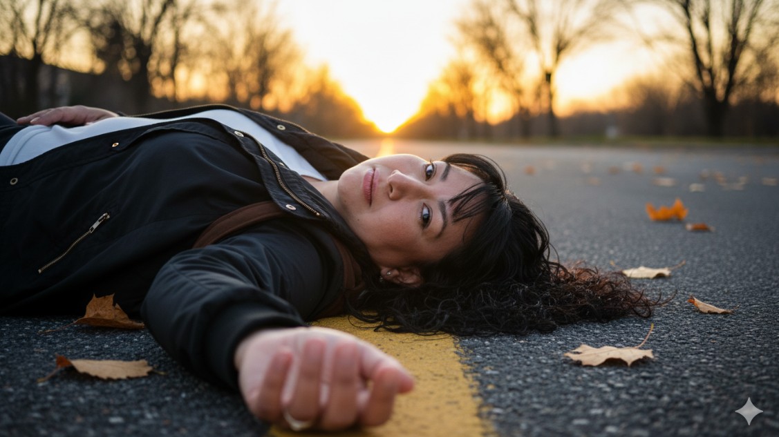 Un retrato editorial hiperrealista con estética cinematográfica. Capture a la persona de la imagen de referencia tumbada en decúbito supino sobre una superficie urbana con una atrevida línea divisoria amarilla pintada en el suelo, que comienza en el borde inferior del marco y se dirige hacia el horizonte, guiando la mirada del espectador. La cabeza reposa suavemente inclinada sobre esta línea, y el cabello cae de forma natural. Un brazo se extiende hacia el objetivo, con la mano en primer plano borrosa por la poca profundidad de campo, mientras que el rostro permanece con una nitidez extrema. La superficie está salpicada de forma natural con hojas ocres otoñales, realistas en color y textura. Al fondo, la escasa vegetación abre huecos entre los árboles donde se pone el poético sol dorado del atardecer, proyectando una cálida luz de borde y un resplandor volumétrico. La iluminación es natural, dramática y difusa, con un contraste cinematográfico entre los cálidos reflejos ámbar y los tonos más fríos del suelo urbano. Renderizado en calidad editorial ultrarrealista, conservando la anatomía humana auténtica, la textura real de la piel (poros visibles, microdetalles, sin suavizado) y una atmósfera natural. Tomado con un objetivo full-frame de 50 mm f/1.8, con poca profundidad de campo, acabado fotográfico profesional y resolución 8K.