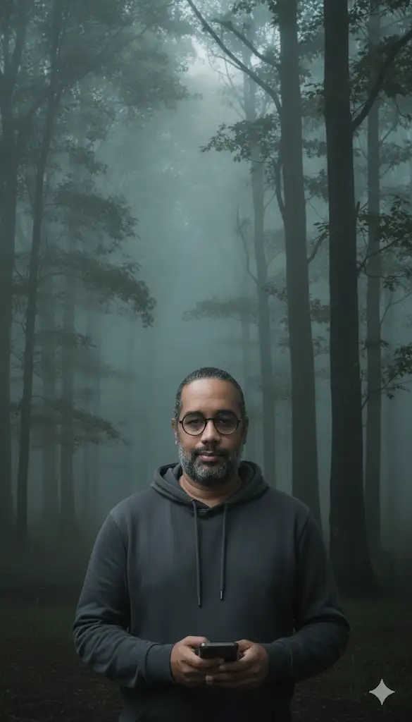 imagen de Esta es una imagen de aspecto cinematográfico, probablemente un fotograma o un póster promocional,  sobre un fondo boscoso y brumoso. El fondo es un bosque denso y oscuro, envuelto en una niebla o bruma espesa que le da una atmósfera misteriosa, lúgubre y posiblemente fría. Se aprecian varios árboles grandes y altos, principalmente en la parte derecha de la imagen, con troncos oscuros y sin mucha visibilidad del follaje debido a la oscuridad y la bruma. El ambiente general es sombrío y de baja luz, con una iluminación tenue que parece venir de arriba, pero es difusa por la niebla. El suelo parece ser de tierra o hierba baja. En el centro de la imagen, un poco por debajo de la mitad, se encuentra una figura humana joven (aparentemente un hombre), Lleva una sudadera con capucha de color oscuro (gris oscuro o negro), sin la capucha puesta sobre su cabeza y añade al misterio. El personaje está mirando hacia la camara, sostiene entre sus manos a la altura de su pecho sosteniendo un teléfono móvil o algún objeto pequeño similar. Su postura es quieta y un tanto melancólica o pensativa. no cambies rostro ni compostura corporar