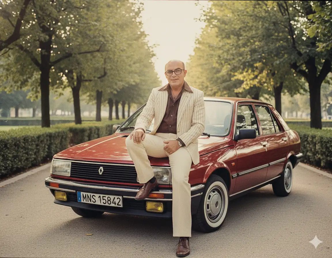 Crea una fotografía vintage de los años 70 inspirada en Bollywood. Muestra a un hombre elegante sentado de forma informal sobre el capó de un coche [pon aquí el coche que quieras]. Viste una chaqueta de raya diplomática color crema, pantalones acampanados color crema y una camisa marrón oscuro con los botones superiores desabrochados, combinada con zapatos formales marrones, lo que le da un aire de mafioso. El coche tiene neumáticos anchos de banda blanca, detalles cromados y una carrocería metálica pulida que refleja la luz del sol. Al fondo, altos árboles verdes y setos enmarcan la escena. La fotografía tiene los tonos cálidos y granulados de una cámara de cine de los años 70, lo que le da un aire cinematográfico retro.utiliza 100% el rostro de la persona de la foto adjunta.