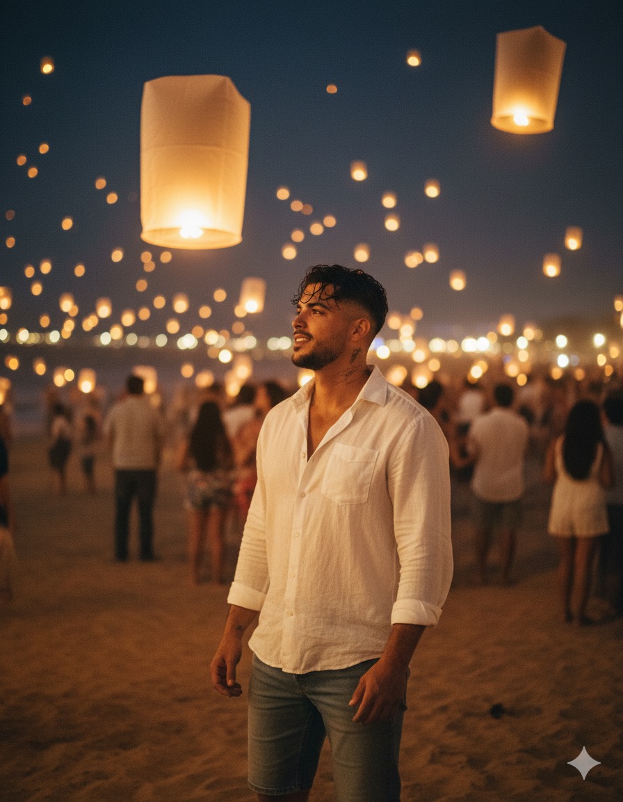 Eres un fotógrafo profesional y realizarás este retrato cinematográfico usando de modelo al sujeto de la foto.
Crear un marco vertical - tamaño 2160x3840
píxeles (calidad 4K)
Eres un joven atlético con el pelo desordenado algo mojado
Estás en presencia del lantern festival en la noche con mucha gente en la playa tirando sus telas con una vela prendida al aire tu vestimenta es una camisa blanca suelta y un short largo de mezclilla el joven está admirando el festival, (posición del joven).
ILUMINACIÓN NATURAL SUAVE, TONOS DORADOS CÁLIDOS, PROFUNDIDAD DE CAMPO POCO PROFUNDA, ESTÉTICA DE PELÍCULA NOSTÁLGICA, ASPECTO KODAK PORTRA 400, FILMADO EN PELÍCULA DE 35 MM, F/2.8, IS0 200,
LENTE DE 85 MM
