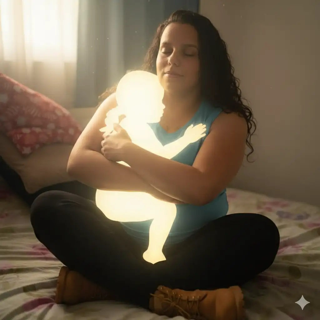 Ella se sienta en calma, ojos cerrados, sabiendo que su ángel no se fue… solo cambió de lugar.
Entre sus brazos, una presencia suave la envuelve.
No hay vacío, solo amor transformado.
Porque donde hay un lazo nacido del alma, ni la muerte puede separar lo que Dios unió con amor infinito.