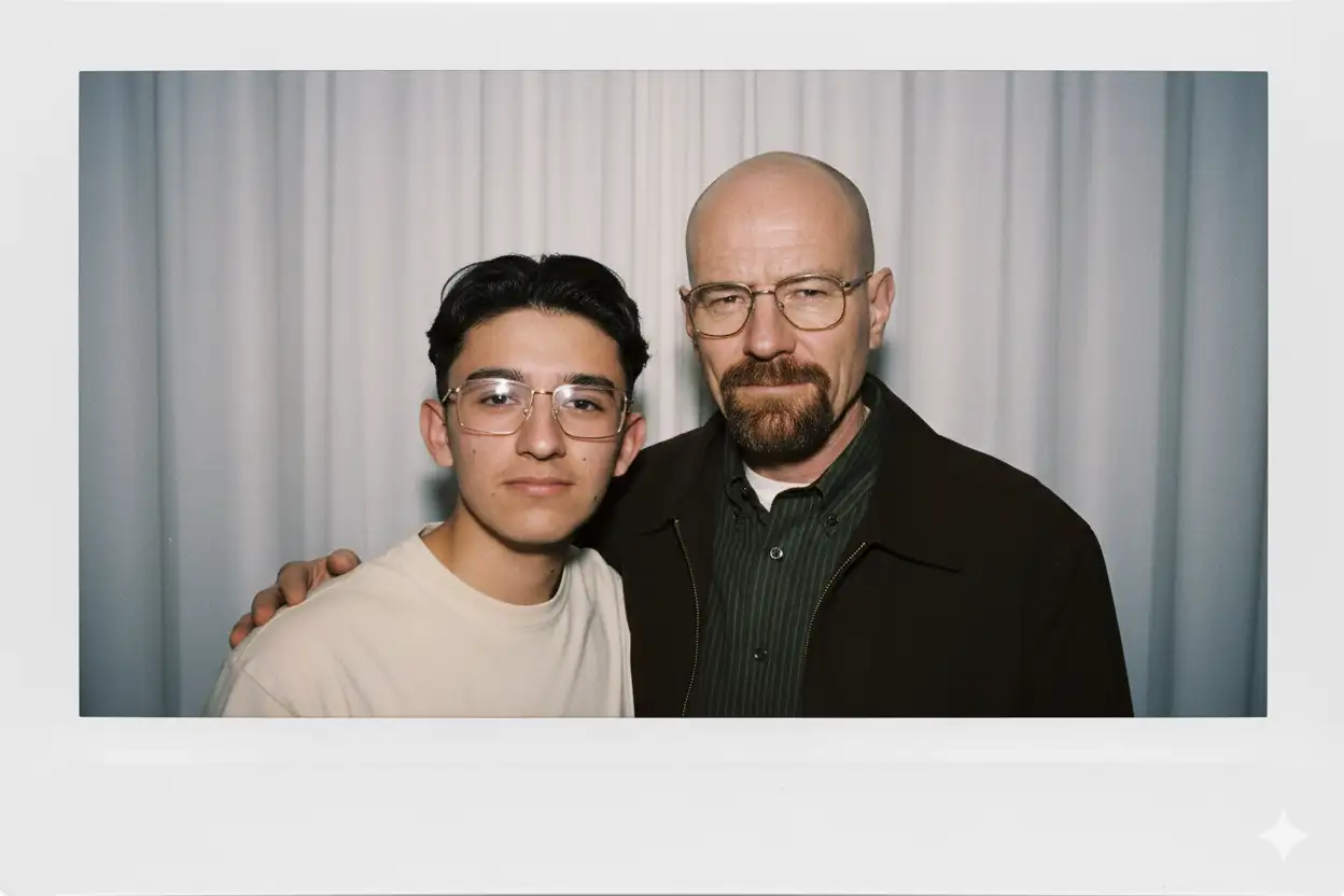 Create a realistic-looking instant photo (Polaroid style). It shows two people posing friendly together, embracing naturally without altering their faces. One person gently places an arm behind the other's back, avoiding contact with their abdomen. The background features seamless white curtains with no visible rods. The image is lit by a camera flash in a dark room, exhibiting typical instant camera light fall-off and reflections. Apply a subtle blur and a delicate film grain, avoiding excessive dust, scratches, or white spots. The Polaroid effect should feel authentic, clean, and balanced.