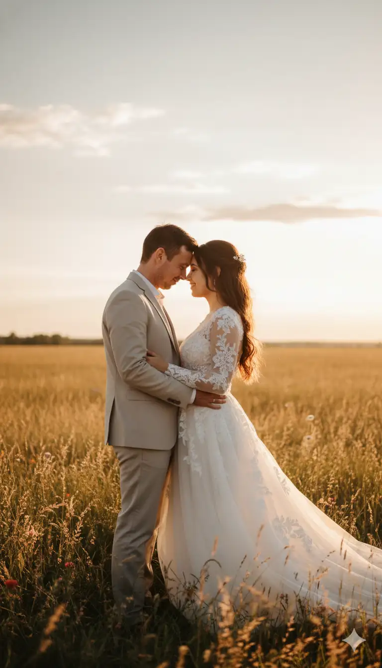 Based on the reference photo of the couple, create a high-quality vertical cinematic portrait of them on their wedding day. The scene is set outdoors in a wide, sunlit meadow during golden hour. The couple stands close together, framed from the waist up, surrounded by soft, glowing light. The sky is clear with a few delicate clouds, casting a warm and romantic hue across the scene.

The bride wears a flowing white dress with delicate lace details and soft fabric that moves slightly with the breeze. Her hair is styled elegantly with a natural touch. The groom stands beside her in a light suit, relaxed yet graceful. They are looking into each other’s eyes, smiling gently, their foreheads close as if lost in their own world.