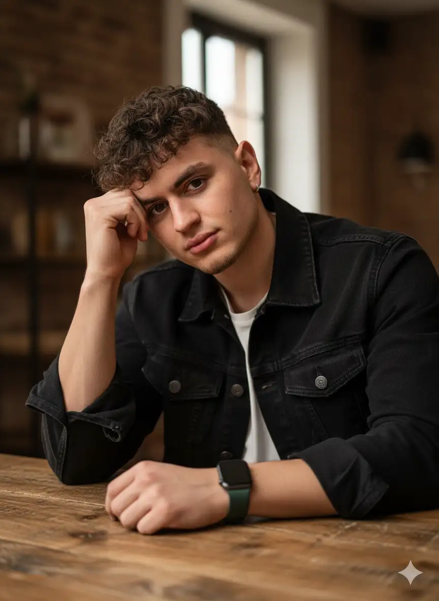 Keep my exact face and body features from the given picture. A hyper-realistic portrait of me sitting at a wooden table, leaning slightly forward with one arm resting on the table. I am wearing a black denim jacket with rolled-up sleeves, and inside the jacket, a white t-shirt. On my wrist, I have a smartwatch with a dark green strap. My head is tilted slightly, with one hand resting casually and comfortably on my forehead. My hair is styled, and I have a soft expression.