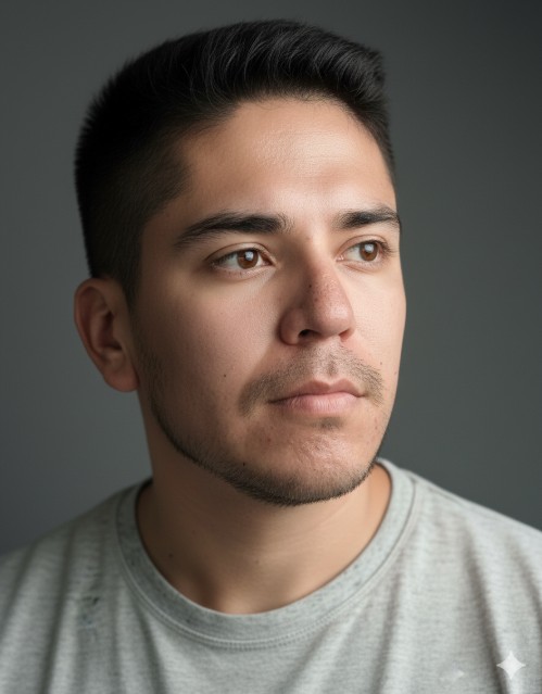Entendido. Aquí tienes un retrato fotográfico hiperrealista de la persona de la imagen de referencia, con una expresión pensativa y ropa casual de color gris, en un estudio con fondo gris e iluminación suave: