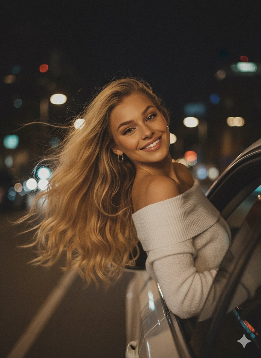Create a photo of me leaning my back out the window car like a dark dreamy blurry vintage windy night wearing a off shoulder white knitted top.
With blonde golden long wavy hair. keep the facial details correctly. Please do not alter facial features and leave head positioning as is.