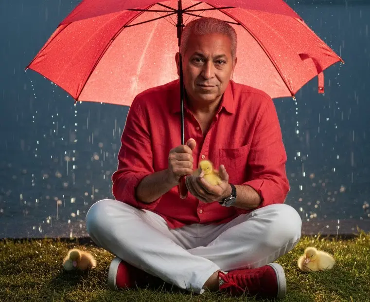 Retrato cinematográfico de un hombre mirando a la cámara con una leve sonrisa (usar el mismo rostro que en la foto de referencia) sentado a la orilla de un lago lluvioso bajo un paraguas rojo brillante. Viste una camisa roja, pantalones blancos y zapatillas rojas. El hombre sostiene con delicadeza un pequeño patito amarillo en sus manos, mientras que otros dos patitos descansan a su lado en el suelo mojado. Las gotas de lluvia caen suavemente a su alrededor
