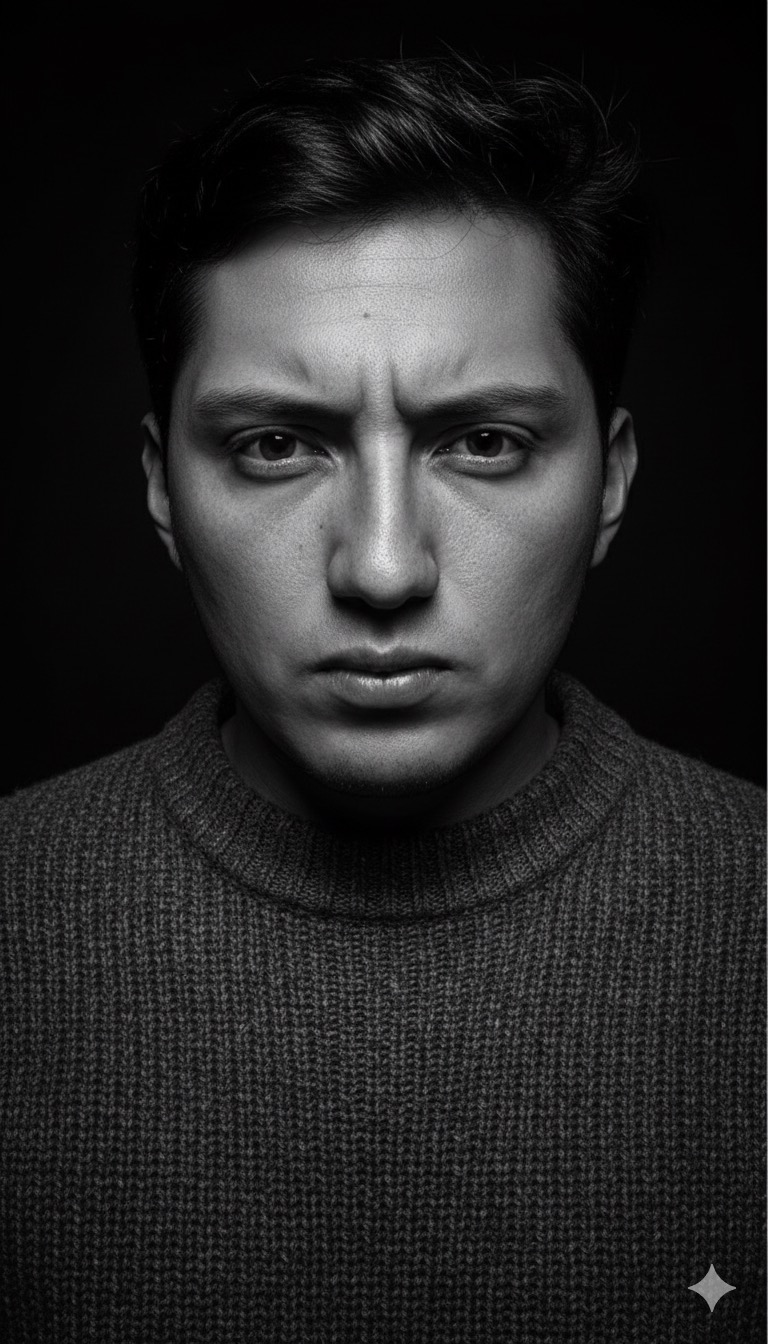 Black and white ultra-realistic portrait of a man looking intensely at the camera with a furrowed brow. Dramatic lighting from above, textured sweater, visible skin pores and light sweat. Studio background completely black. Raw emotion, high-contrast monochrome style.
