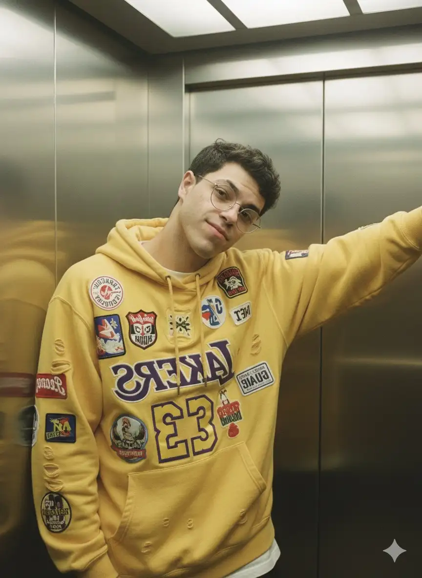 Transform the uploaded image (keep face details properly), A vertical 9:16 Japanese 35mm film-style candid portrait of a young man inside an elevator, leaning casually against the metallic wall with a playful expression.
He wears a bright yellow oversized hoodie decorated with random patches and distressed holes, layered over a white T-shirt. His round glasses reflect the soft indoor lighting, and his slightly messy hair adds a natural, youthful vibe.
Background: the smooth reflective elevator wall creates subtle depth, showing faint reflections of his silhouette.
Lighting: soft, warm fluorescent elevator light — slightly uneven with mild shadows across the face and jacket — giving a nostalgic tone.
Aesthetic: muted film texture, fine grain, gentle pastel warmth to the yellows, and light green tint typical of Japanese 2000s snapshot film.
Mood: lighthearted, candid, and spontaneous — capturing a fun, unposed moment that feels like a slice of real youth life, bright yet understated.
