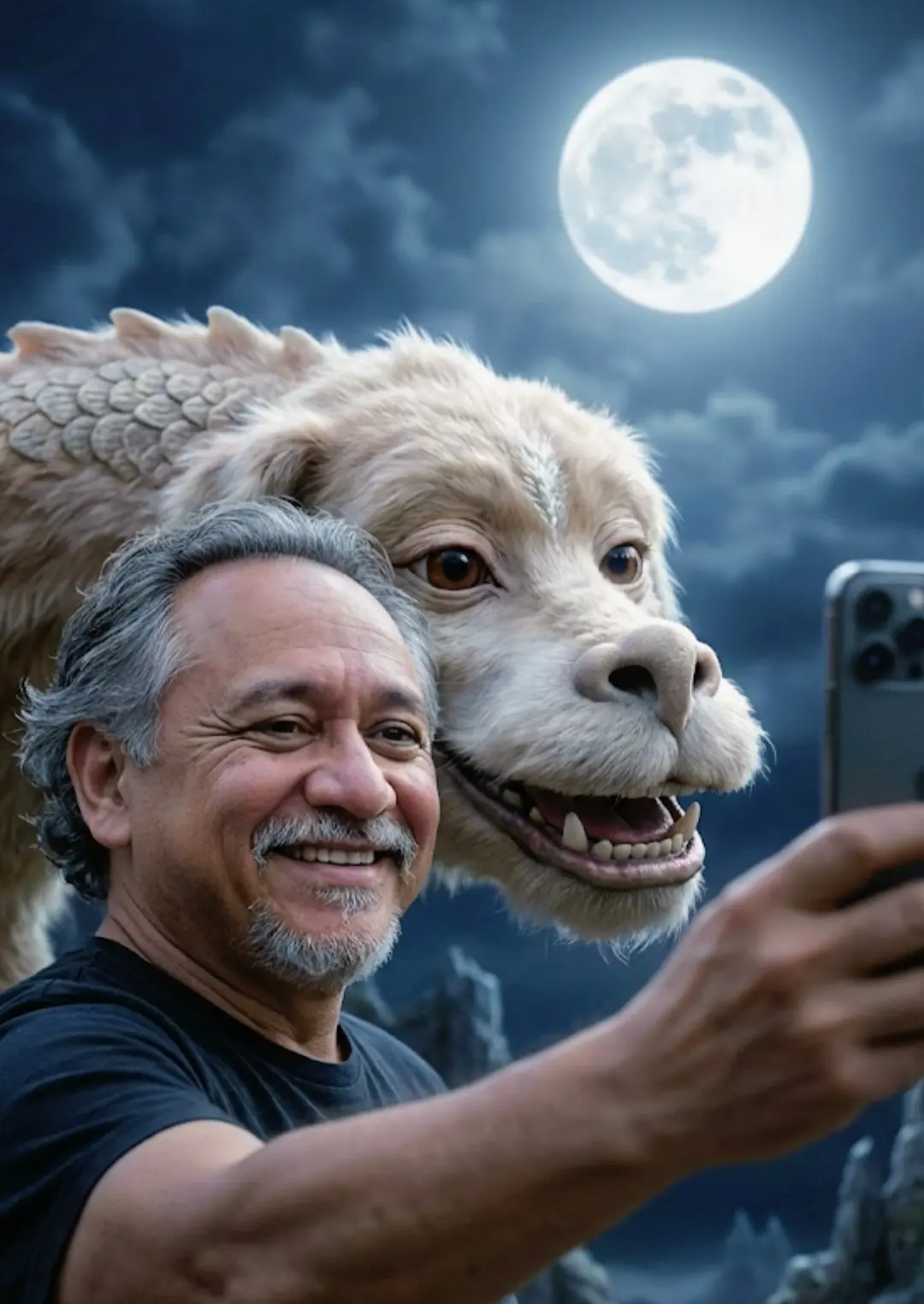 Una imagen fotorrealista y atmosférica de la historia sin fin (con el rostro de la imagen proporcionda, respetando fielmente todos los rasgos faciales), un hombre a un lado de Falkor, con la Luna llena de fondo tomándose una selfie, ambos con los rostros alegres. Ultradetallado, pelo a pelo
Estilo cinematográfico, luz natural, profundidad de campo, 4K." Relación de aspecto 9:16