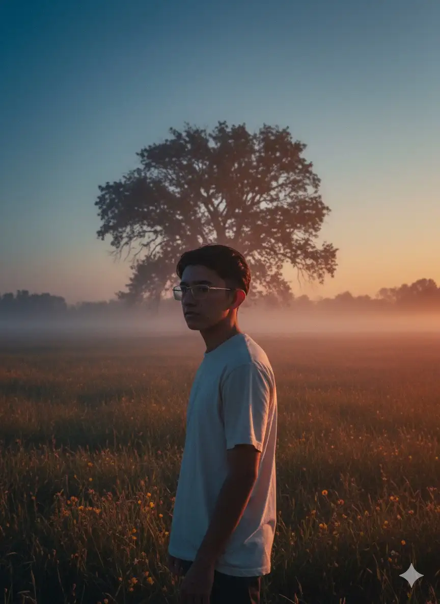 A CINEMATIC PORTRAIT OF [YOUR PHOTO], STANDING IN A FIELD DURING GOLDEN HOUR WITH DRAMATIC COLORED LIGHTING. THE ATMOSPHERE IS MOODY WITH MIST OR LIGHT FOG, SOFT GRADIENTS OF DEEP BLUE AND WARM ORANGE-RED LIGHT FILLING THE SCENE. A TREE SILHOUETTE IN THE BACKGROUND, DREAMY TONES, SOFT SHADOWS, AND NATURAL FILM-LIKE GRAIN. SIDE PROFILE LIGHTING, EMPHASIZING CONTRAST AND DEPTH.