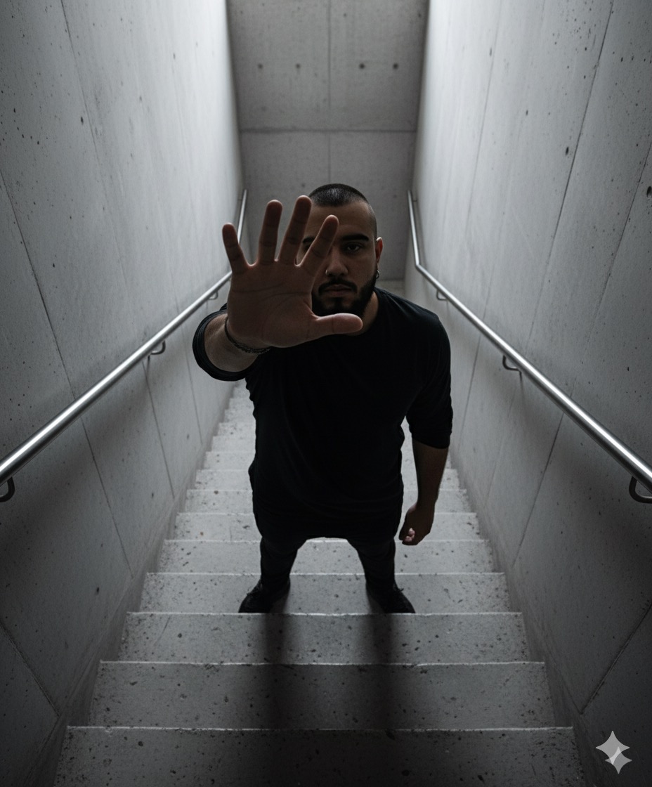 A realistic wide-angle shot of a narrow hallway with gray concrete stairs, viewed from above. A young man, similar to the one I uploaded, with light skin and short, buzcut hair, stands in the middle of the stairs, wearing dark clothing that contrasts with the texture of the concrete wall. He gazes up at the camera with a serious expression, raising one hand to partially cover his face, creating a dramatic and mysterious pose. The concrete stairs are detailed with stains and a rough texture, and natural light falls from above, creating soft shadows on the left and right walls. Two straight metal banisters frame the composition, emphasizing the narrow and long vertical perspective. The photo was taken with a professional Sony A7R V camera, with ultra-high resolution, realistic details in the texture of the stairs, the man's clothing, hair, and shadows. The dominant gray concrete color contrasts strongly with the black clothing, emphasizing the dramatic monochrome feel. The realistic cinematic style, street-style photography, has a mysterious and slightly artistic atmosphere. The overhead composition creates a sense of confined space while focusing on the subject, emphasizing his pose and expression. --ar 9:16 --v 6 --style raw --q 2 --s 1000 --hd. Don't change facial features