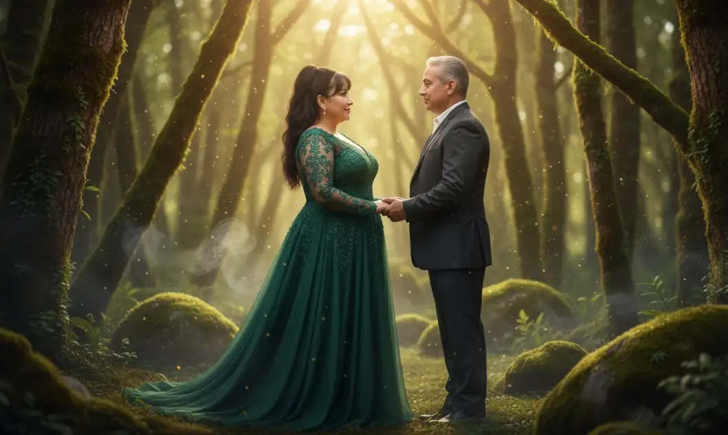 Una imagen sumamente detallada y realista de la pareja, Mantén el rostro sin cambiarlo y sin modificarlo, basada en la fotografía original, con sus rasgos faciales reproducidos al 100%. Se encuentran en un bosque encantador, con un toque místico, bañados por una luz dorada cinematográfica. Elementos mágicos como sutiles partículas de luz, niebla y efectos de iluminación suaves y etéreos están presentes sin caer en lo excesivamente fantástico. El fondo presenta árboles centenarios, rocas cubiertas de musgo y luz solar moteada, todo ello plasmado con colores ricos y vibrantes, creando una atmósfera onírica. La vestimenta de la pareja es elegante, pero armoniza con el entorno natural y romántico, generando una atmósfera de cuento de hadas moderno.