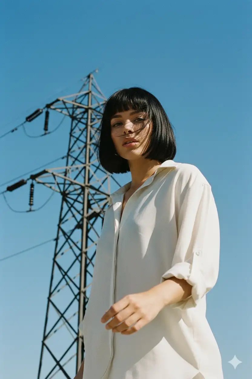 A low-angle fashion portrait of a woman with a sharp black bob haircut, standing outdoors beneath a clear vivid blue sky. She wears a loose, light-colored dress shirt, sleeves casually rolled up, which catches the sunlight and gives the fabric a soft, airy glow.

Her pose is dynamic yet unposed, caught mid-motion, with her arm extending slightly toward the camera. Her expression is contemplative, serious, almost cinematic, as strands of her hair blow across her face in the breeze.

Behind her, geometric power lines and a metal tower rise starkly against the sky, creating a striking industrial contrast to her softness and adding a sense of urban grit. The composition feels deliberately raw, with a mix of minimalism and rebellion.

The colors are muted yet vibrant: sky blues, pale whites, warm skin tones, and dark hair—enhanced by a slightly grainy, film-like texture. The whole image has the aura of a 90s/early 2000s fashion editorial—a mix of youthful defiance, vulnerability, and poetic cool.