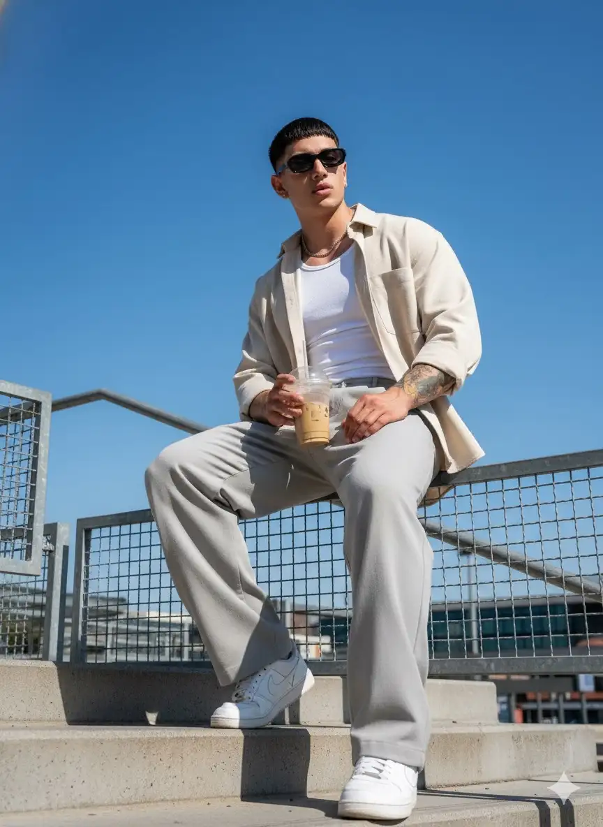 Insert the photo I uploaded into the prompt below
a stylish young man with black hair wearing sunglasses, oversized light beige shirt, white tanktop, and loose gray pants, sitting casually on a metal fence above stairs, holding a drink cup with a straw, modern urban outdoor setting, bright blue sky, daylight, cinematic street fashion photography, low angle perspective shot, wide shot, professional DSLR realistic photo, high detail, editorial aesthetic --ar 9:16 --v 6 --style raw --q 2 --s 1000 --hd. Don't change facial features