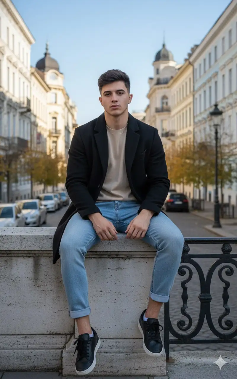 Full-body editorial portrait in a European urban setting. Using the reference image as a STRICT source, preserve the EXACT likeness, facial structure, body proportions, and natural hair of the person.
The subject is seated on a light gray stone ledge, positioned centrally in the frame. They wear a black overcoat with a notched lapel, left open to reveal a beige crew-neck shirt, light blue rolled-up jeans, and black sneakers with white accents. Their posture is relaxed, with legs apart, one foot resting on a metal railing and the other on the ledge. Hands are naturally positioned—one hanging between the legs, the other resting on the edge.
The background features a European-style city street with pastel-colored historic buildings showcasing classical architectural details like arched windows, cornices, and domes. The scene includes parked cars, a lamppost, and distant autumn trees under a clear blue sky.
The lighting is natural daylight, simulating late morning. Sunlight casts soft, directional shadows, with a subtle glow around the subject's hair and face, enhancing the textures of the clothing, skin, and stone.
The atmosphere is calm, introspective, and grounded. Shot with a full-frame DSLR, 85mm lens at f/2.0, creating a moderate depth of field with a sharp focus on the subject and a softly blurred background. The color grading is a balanced mix of warm and cool tones.
editorial photography, urban portrait, European street, hyperrealistic, documentary style, fashion photography, natural lighting, textured fabrics, architectural details, 8k --v 6.0 --style raw --ar 2:3