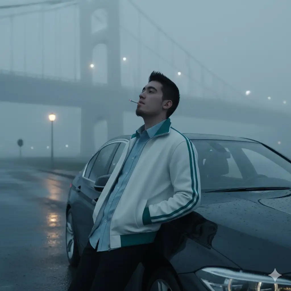 Ultra-realistic cinematic portrait of a man leaning against a black BMW near a foggy bridge, moody cold atmosphere. Face 100% same as reference, no AI beautification. Wearing white jacket with teal stripes, light blue shirt, cigarette in mouth, looking up calmly. Realistic lighting, soft tones, wet ground reflection, 8K ultra-HD.