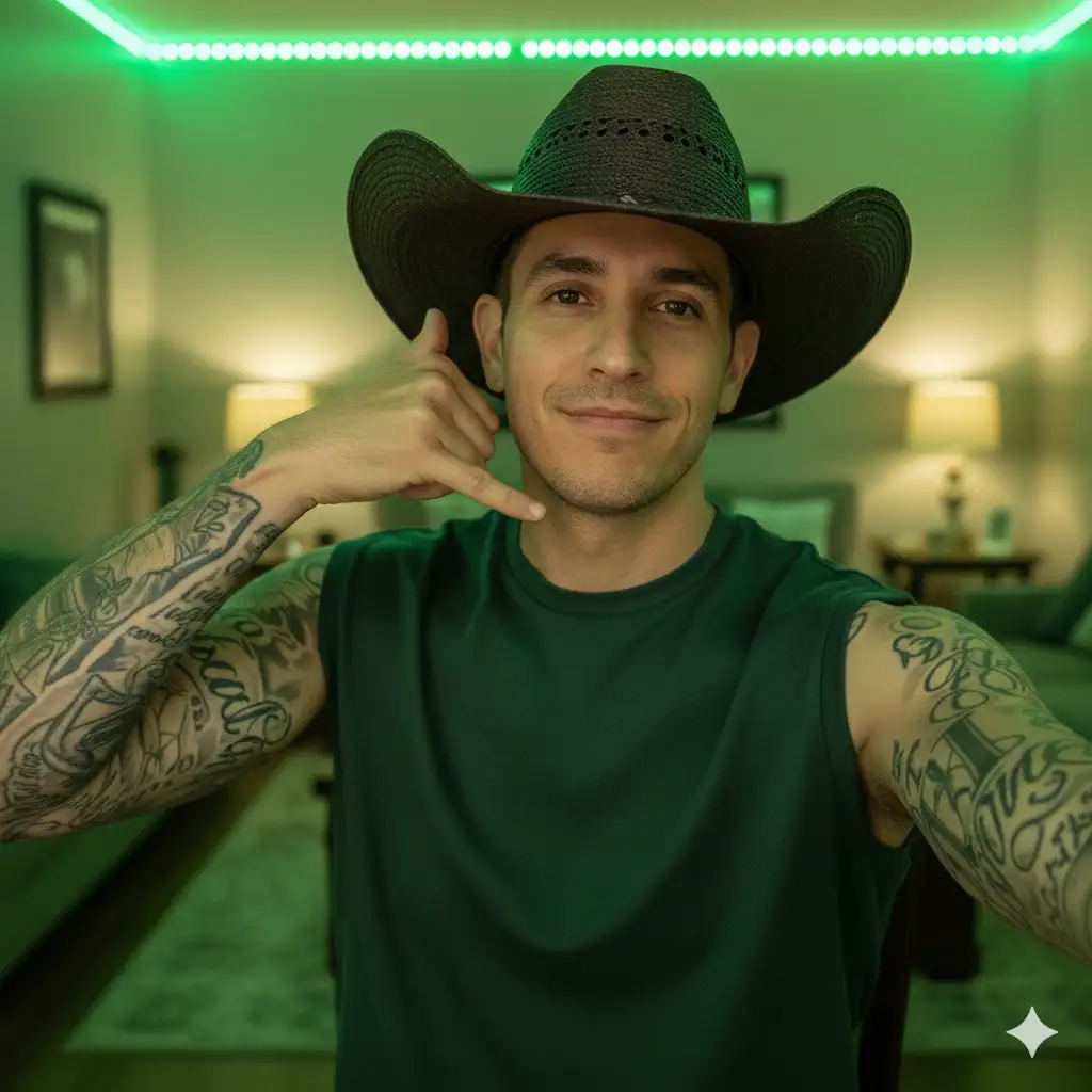 Selfie of the uploaded person. Taking a selfie with call me hand gesture near ear, camera-ready makeup, shy smile, the person dressed in top fashion dark green clothing. A comfortable cozy room with soft ambient LED lighting in green and yellow tones, relaxed and restful atmosphere room, no visible smartphone.