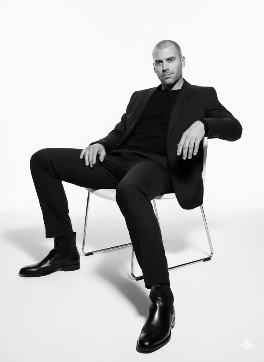 Retrato editorial de moda en blanco y negro ultrarealista de la persona subida (conservar el rostro 100%). Reclinado dramáticamente en una silla, un brazo descansando sobre el respaldo, las piernas separadas, exudando confianza audaz. Usando un traje oscuro a medida con camisa de punto casual, botas pulidas. Expresión relajada pero magnética, energía juguetona de alta moda. Fondo del estudio, blanco limpio. Estilo editorial vanguardista GQ.